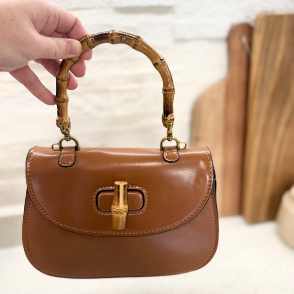 Elegant Tan Mini Bag with Bamboo Handle